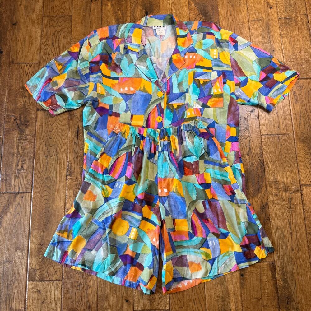 VTG 1980s Coquette California Geo Abstract Two Piece Shorts and Shirt Set Sz 14